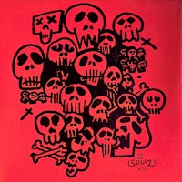 a black and red drawing of skulls on a red background