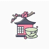 an illustration of a tea house and a cup of tea