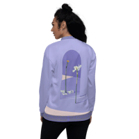 the back of a woman wearing a purple bomber jacket