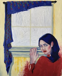 a painting of a woman looking out of a window