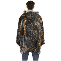 the back of a man wearing a black and gold hoodie
