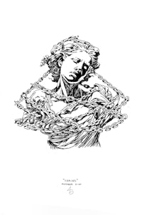 a drawing of a woman with a chain around her neck