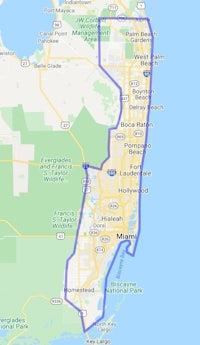 a map of miami, florida with a blue line