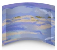 a curved glass plate with a blue sky and clouds