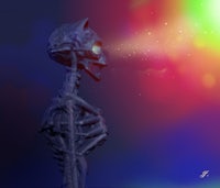 a skeleton standing in front of a colorful background