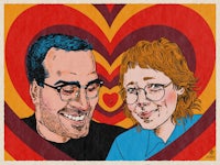 a drawing of a man and woman in front of a heart