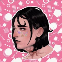 a sticker of a girl with black hair on a pink background