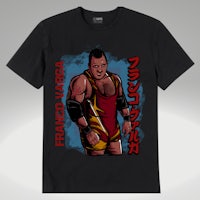 a black t - shirt with an image of a wrestler