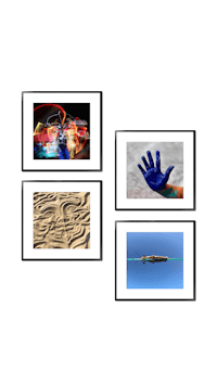 four pictures of a hand in the sand