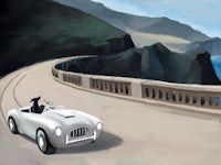 a painting of a dog driving a car on a bridge