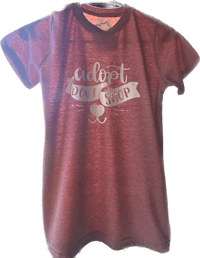 a maroon t - shirt with the words'adopt don't shop'