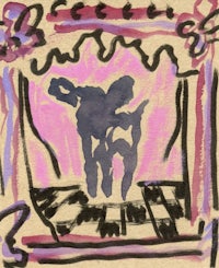 a drawing of a dog in a pink and purple room