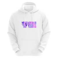 a white hoodie with a purple and blue design on it