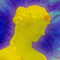 a statue of a woman with a yellow and blue background