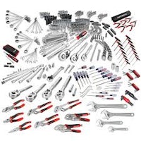 a tool kit with a variety of tools on a white background