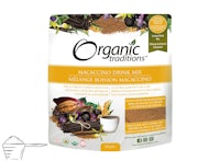 a bag of organic cocoa powder with a cup of coffee
