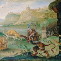 a painting of a scene with a lion and a lioness
