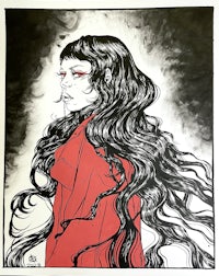 a black and white drawing of a woman with long hair