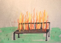 a painting of a bench on fire