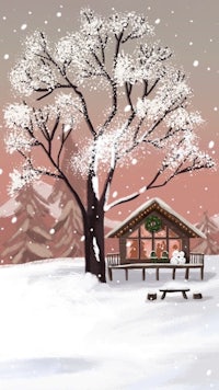 a winter scene with a tree and a cabin
