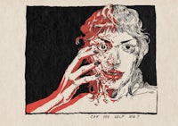 a drawing of a woman with blood on her face