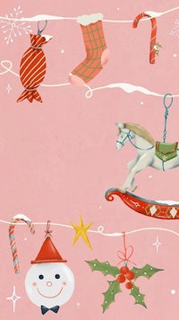 a pink background with a christmas tree, reindeer, santa claus and candy canes