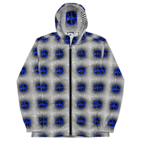 a grey and blue hoodie with blue circles on it