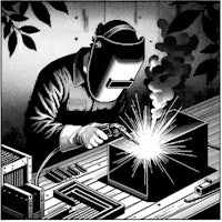 a black and white illustration of a welder working on a box