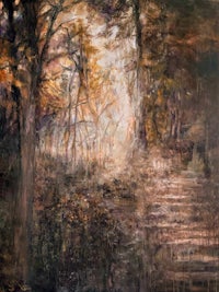 a painting of a path in the woods