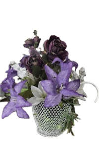 purple flowers in a basket on a white background