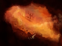 a painting of a man in a boat in the middle of a fire