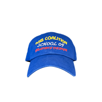 a blue dad hat with the words'poem coalition'on it