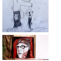 a drawing of a man with glasses and a drawing of a woman
