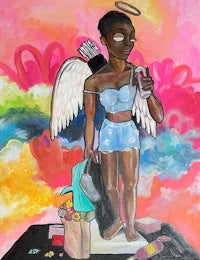a painting of a black woman with angel wings