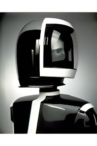 a black and white robot wearing a helmet