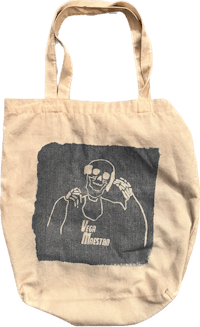 a tote bag with an image of a man wearing glasses
