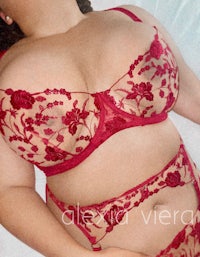 a woman in red lingerie posing on a bed
