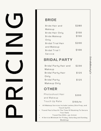 a black and white price list for a wedding