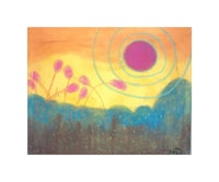 a painting with a sun and flowers in the background
