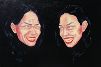 a painting of two women smiling at each other