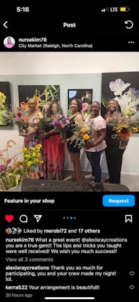 a group of women are holding flowers in front of an instagram post