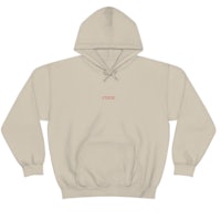 a beige hoodie with a red logo on it