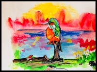 a watercolor painting of a kingfisher sitting on a stump