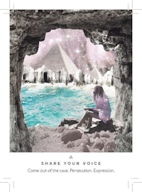 a woman sitting in a cave with the words share your voice
