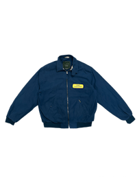 a blue jacket with yellow lettering on it
