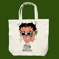 a tote bag with an image of a cartoon girl with sunglasses