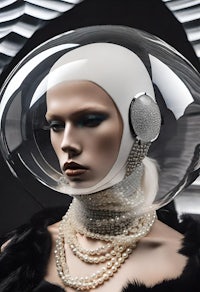 a mannequin wearing pearls and a glass helmet