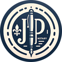 JP Notary logo in Navy and Cream features stylized letters J and P separated by a nice pen. A fleur de lis and the word notary are included. 