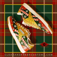 a pair of green and red sneakers with candy canes on them