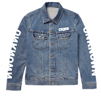 a denim jacket with the word'mom'printed on it